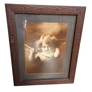 Antique Cupid Awake 1897 Black & White Print M. B. Parkinson carved wood frame